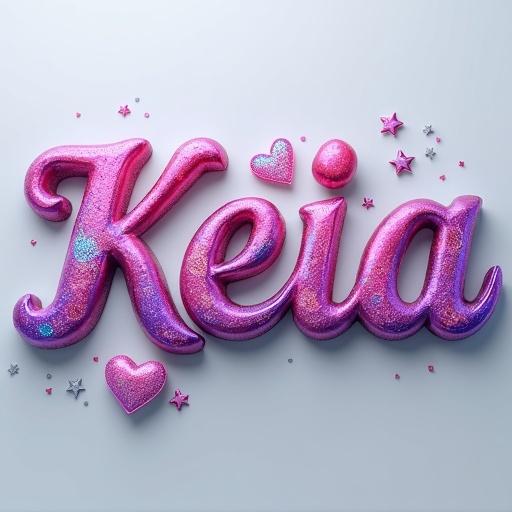 A 3D render of the name Keia. The name is crafted with AI technology. It features vibrant shiny pink, purple, and blue hearts. Decorative elements include star dust and meteor designs. Light gray background enhances the art's sophistication.