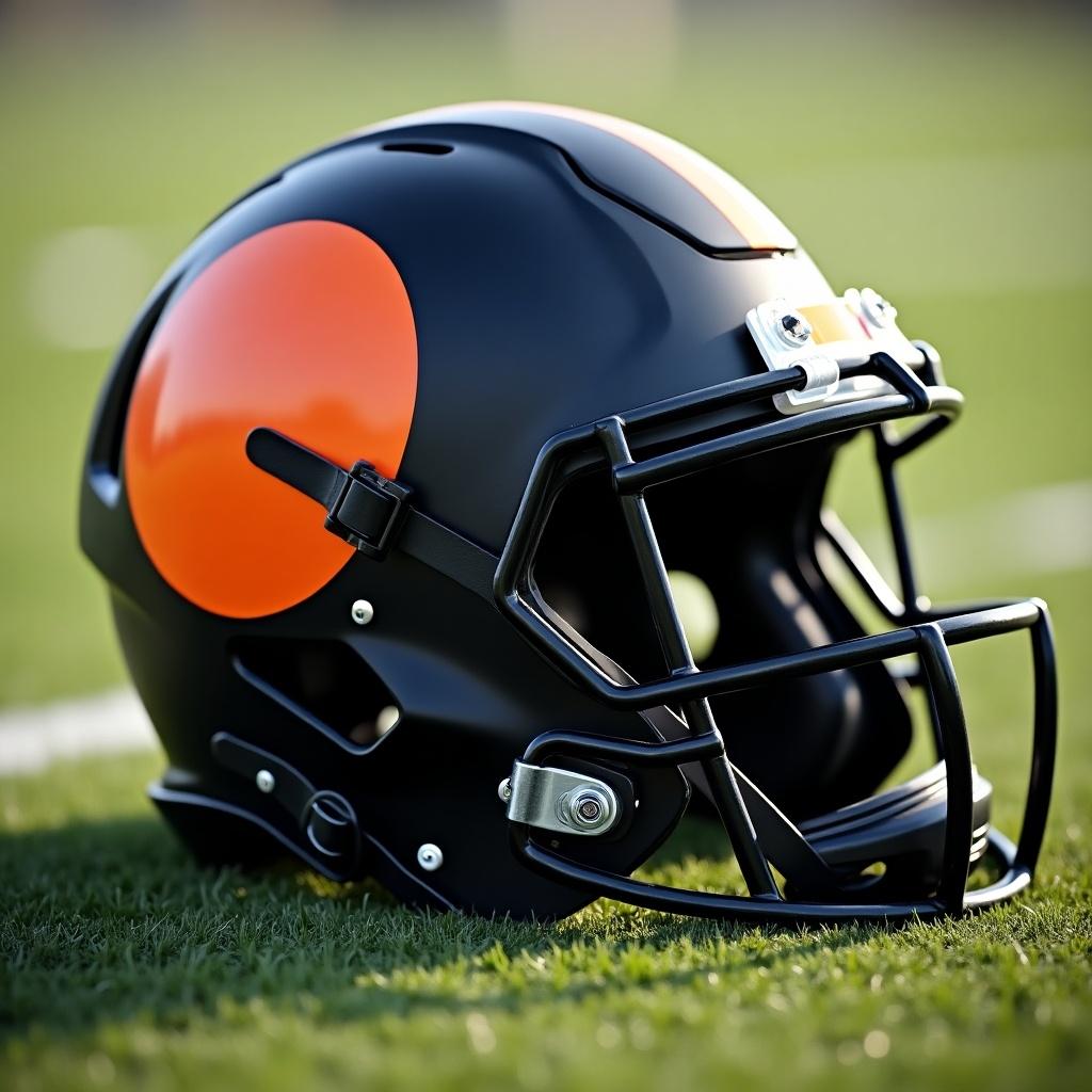 Image of modern football helmet with matte black finish and vibrant orange team logo. Helmet on football field emphasizes style and safety. Natural lighting highlights design and features.