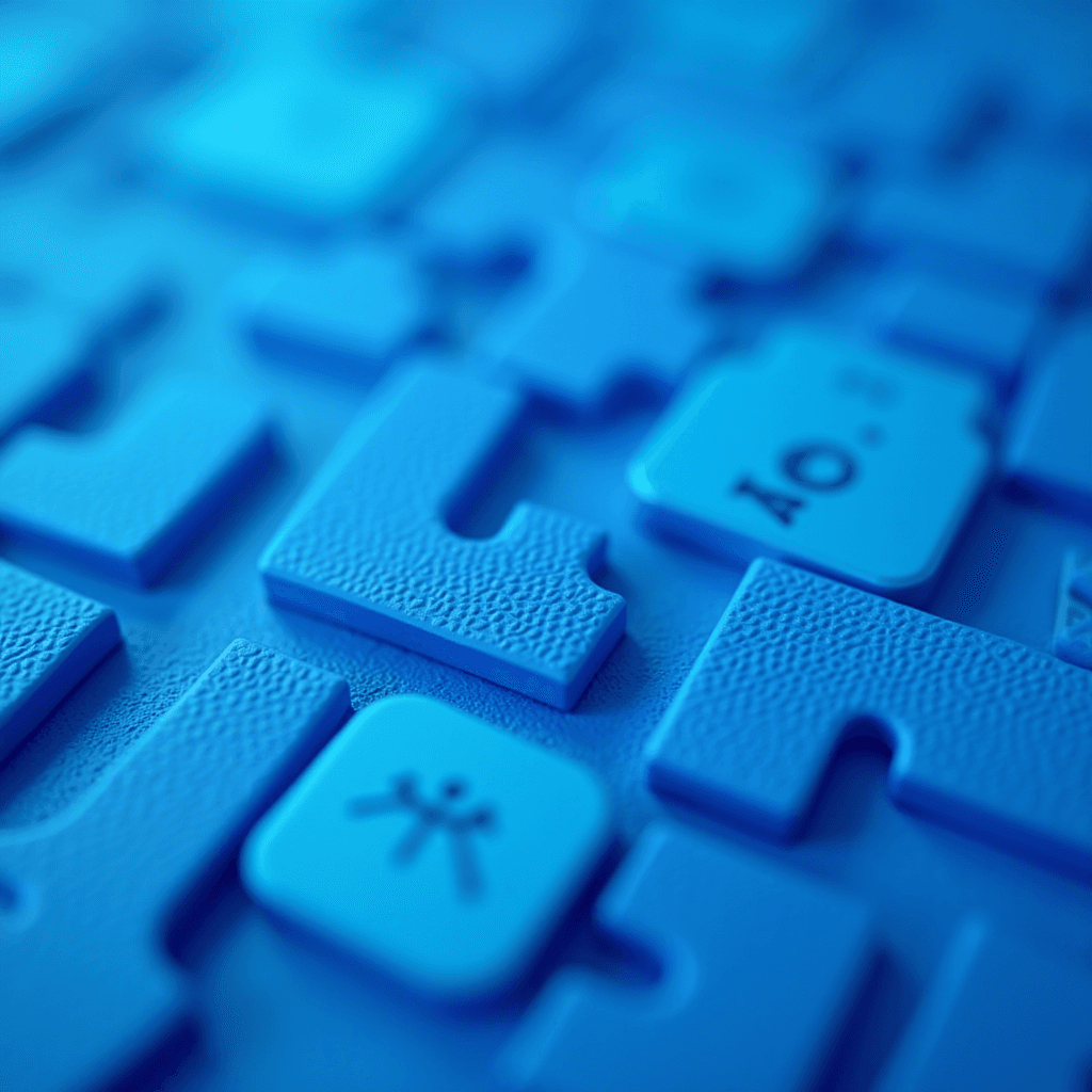 A close-up view of textured blue puzzle pieces arranged in an abstract pattern.