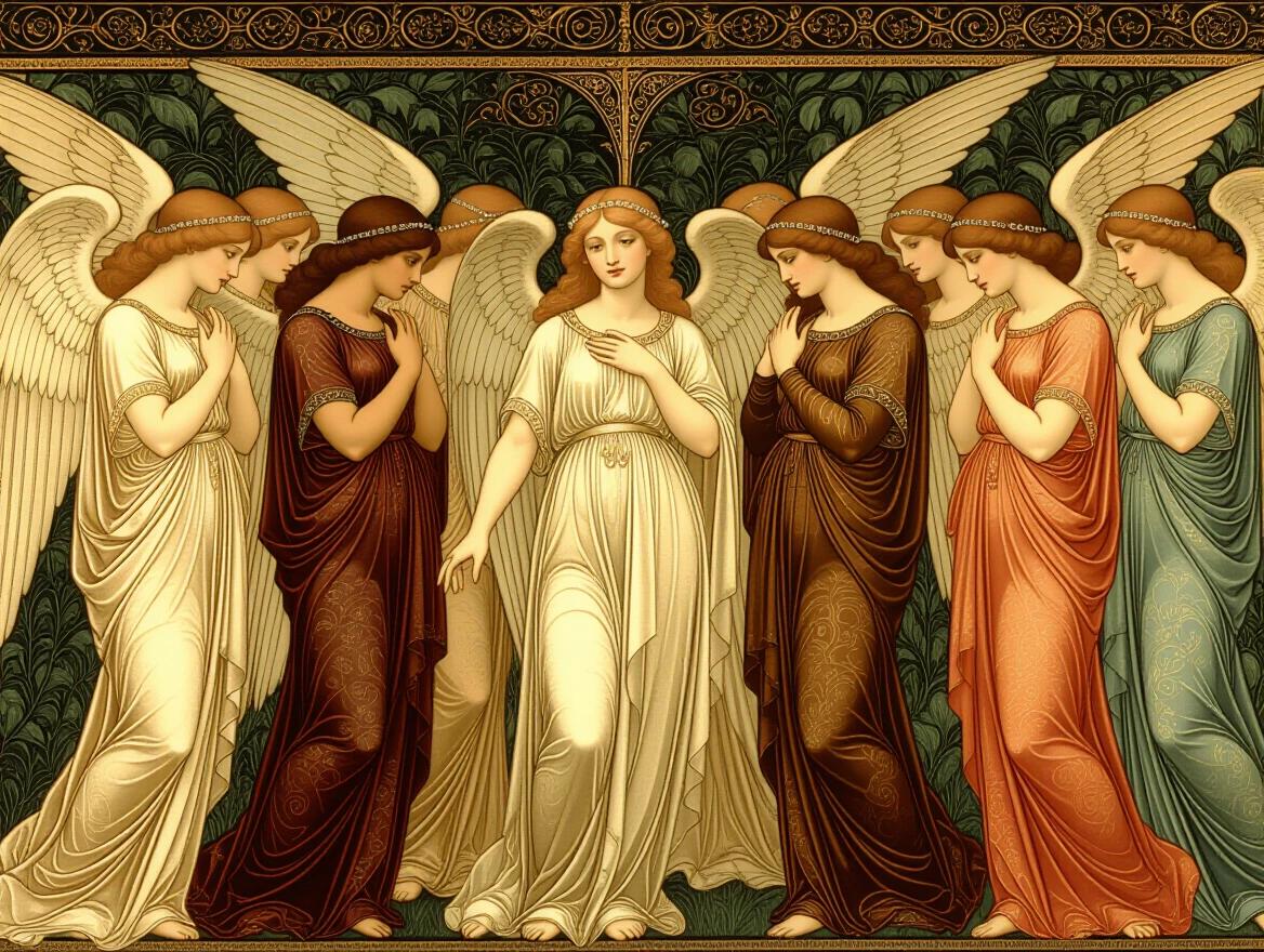Edward Burne-Jones painting depicts numerous cupids and female angels. The angels wear ornate silk robes. The colors are earth tones. The painting features intricate details. It follows pre-Raphaelite style.