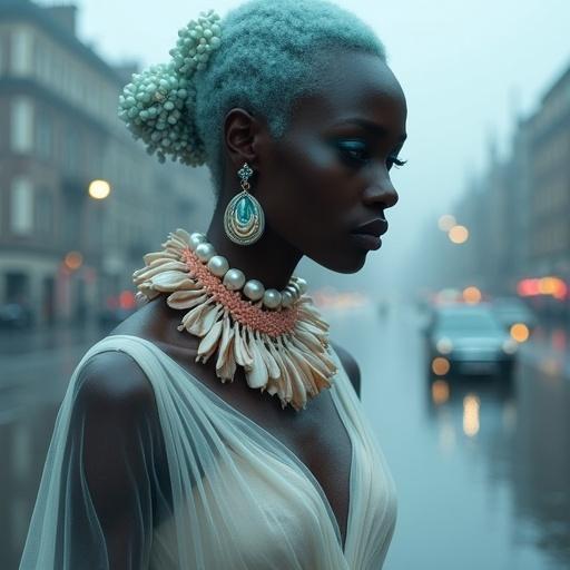 Celestial muse with blue-black skin adorned with jewelry. Features aqua and silver shadow with pearlescent highlighter. Jewelry includes coral and pearl collar, shell cuffs, droplet earrings. Dressed in translucent gown. Background shows misty cityscape in rain. Mood is serene and surreal, focusing on jewelry’s shimmer.