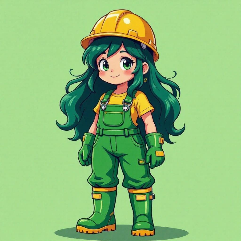 Human girl with dark-green hair. Wearing a yellow hardhat, dark-green coveralls, green wellington boots with yellow soles. No background.