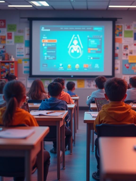 3d image of gamification in a classroom setting. Students are sitting at desks. A large screen shows game-like educational content. Bright classroom atmosphere. Students are engaged with laptops. The focus is on the screen with colorful interactive elements.