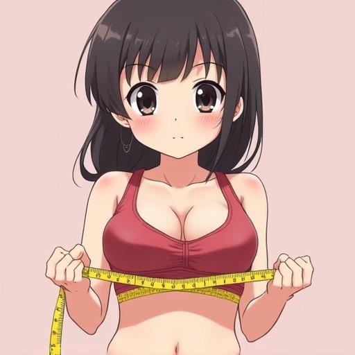 Anime girl with black hair wears a red top. She holds a measuring tape around her chest. Background is soft pink.
