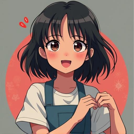 Anime style depiction of a cheerful young girl with short hair standing in front of a circular background. She is smiling, wearing an outfit that conveys a youthful energy and charm.