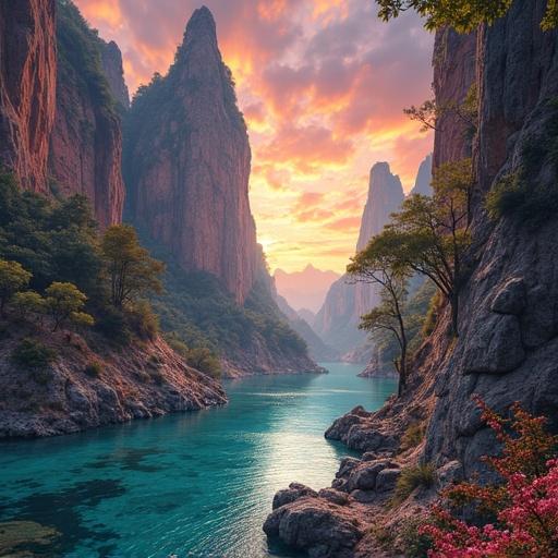 A holofractal style landscape featuring towering cliffs and a winding river under a vibrant sunset. Rich in colors and serene atmosphere.