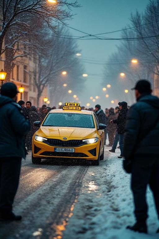 Wide shot of a chaotic scene on snowy streets in Zakopane, Poland. Traditional taxi drivers in winter coats argue with Uber drivers. A yellow taxi blocks an Uber car. Snowflakes fall under streetlight glow. A nearby police officer appears overwhelmed. Tense atmosphere, urban realism, dramatic tension.