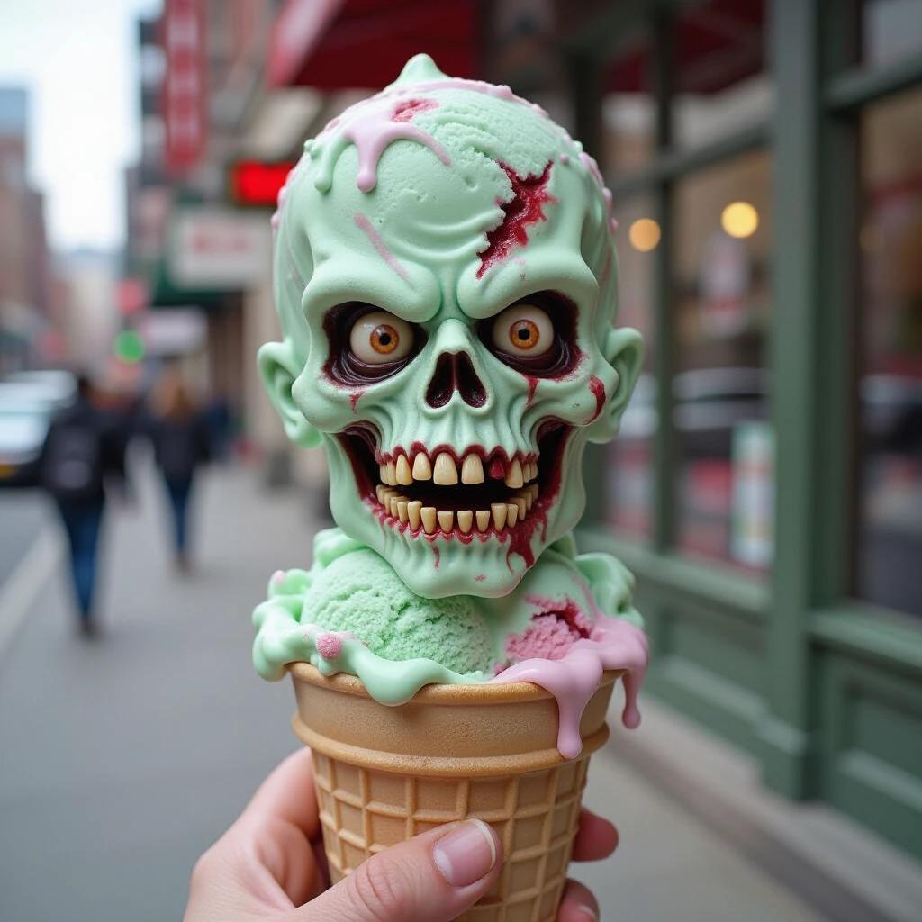 Ice cream cone with zombie skull on top. Mint green ice cream with pink dripping syrup. High street setting with blurred pedestrians in background.