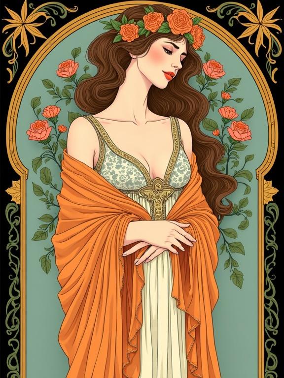 Semi-realistic vibrant Art Nouveau female. Waist up view. Tall arched window behind. Richly embroidered shawl. Long flowing hair with waves. Floral crown of roses and ivy. Gentle dreamy smile. Ornate folds and motifs on dress. Background features ornamental curves and florals. Color palette includes soft gold and warm peach. Strong contour lines. Decorative flat shading. Porcelain skin tone. Symmetrical composition. Black background. Design centered with breathing space.