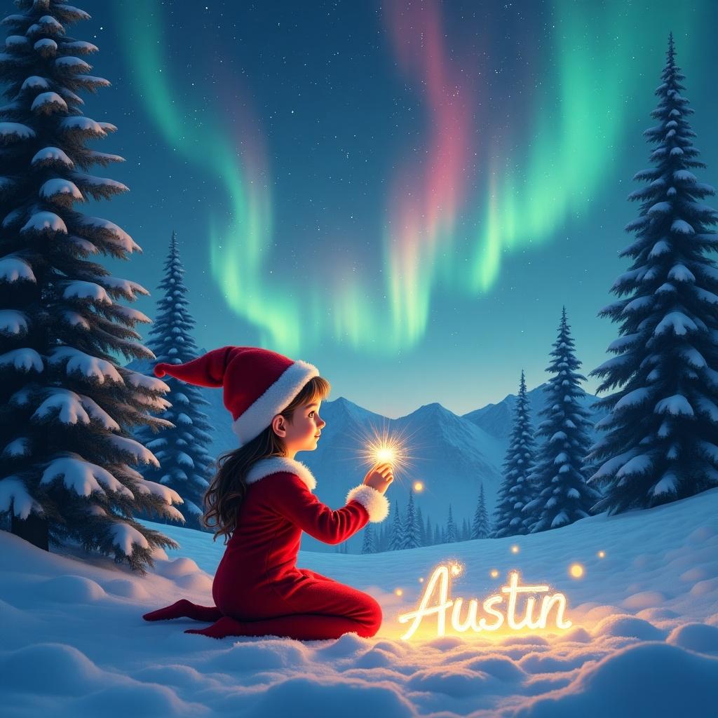 In a beautiful snowy landscape, a charming red-dressed elf sits on the cold ground, surrounded by tall evergreen trees. She holds a magical wand, writing the name 'Austin' in sparkling light that twinkles against the night sky. The sky is filled with mesmerizing northern lights of red, cerulean, and purple, painting a magical scene. The mountains at a distance add to the serene ambiance of the North Pole. This whimsical image captures the essence of Christmas magic, perfect for the holiday season.