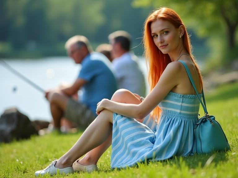 A young woman sits on grass next to a lake. She has long ginger hair and wears a light blue dress with white stripes. Three men fish nearby. The scenery is a sunny day in the countryside. The image has a vibrant and peaceful feel.