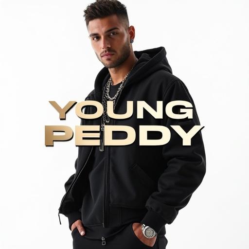 Portrait of male singer named Young Peddy. Stylish and confident appearance. Wearing trendy streetwear like bomber jacket and hoodie with chains. Clean pure white background. Minimalistic professional look suitable for album cover or promotional materials. High resolution image with soft shadows and crisp lighting. Modern urban style. Text Young Peddy in bold futuristic font centered in image.