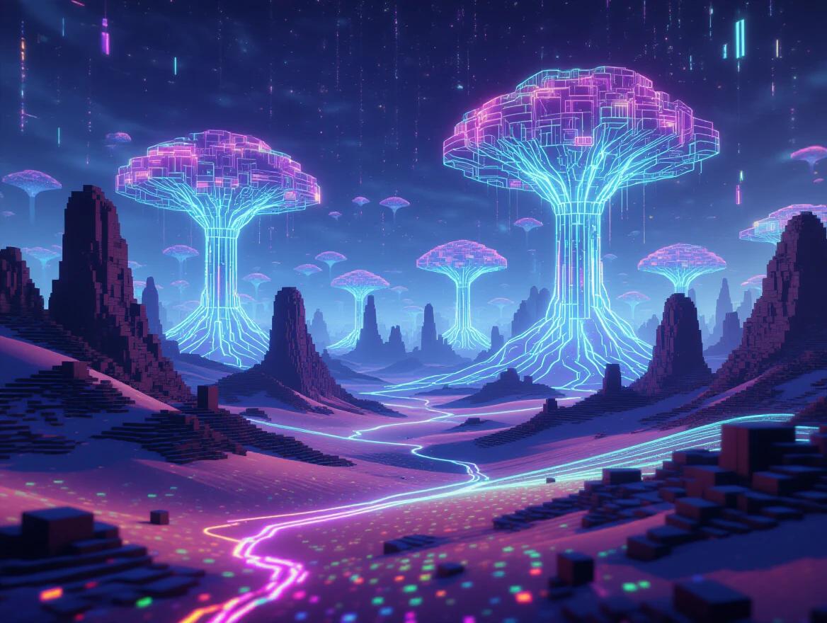 A surreal digital universe in ultra-high detail. Retro pixelated terrain meets a luminous cybernetic dimension. Foreground shows voxel-like ruins in holographic sands. Background filled with floating data nodes and light particles. Vast translucent data trees with branching roots in neon hues. Atmosphere has soft haze and refracted light, creating a corrupted memory effect. Colors in electric gradients—deep violets, acid greens, pastel blues. Motion blur depicts kinetic energy in flying code fragments. Photorealistic shadows and high dynamic range lighting create a cinematic tone in mid-range shot with shallow focus.