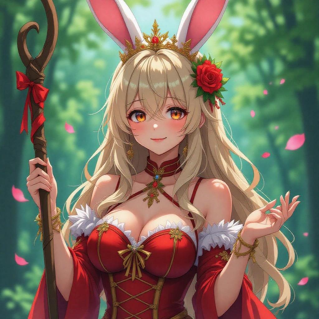 A blonde girl with long hair and rabbit ears wearing a red dress and a crown. She smiles while holding a staff. The background is a beautiful forest with rose petals floating around.