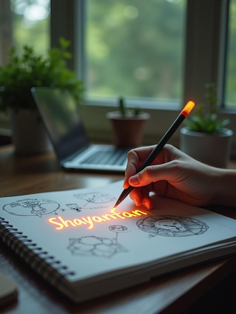 A person uses a glowing pen to write 'Shayantan' in a spiral-bound notebook. The table has a blurred plant and laptop in the background. A lion character is creatively illustrated writing in glowing letters. The environment feels magical and artistic.