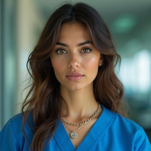 Photorealistic portrait of a Chilean nurse. Blue nurse uniform worn in a hospital. Long wavy hair seen. Warm colors in the image used. Natural soft lighting is applied. Thin chain necklace worn.