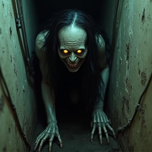 Humanoid creature crawls through narrow crawlspace. Pale skin glowing eyes. Long black hair clings to face. Sunken skeletal face with sinister smile. Bony hand reaches forward with bent fingers. Dark and grimy environment with exposed pipes and cobwebs. Dim flickering light creates claustrophobic atmosphere. Ultra-realistic horror high detail.