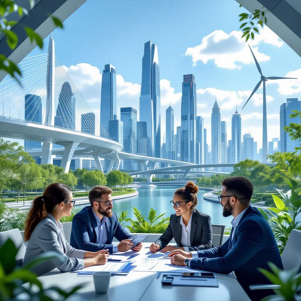 Professional image with a diverse group of engineers collaborating. Futuristic cityscape in background with modern skyscrapers. Focus on tablets and blueprints. Lush greenery surrounding modern infrastructure. Bright dynamic atmosphere conveying progress and sustainability.