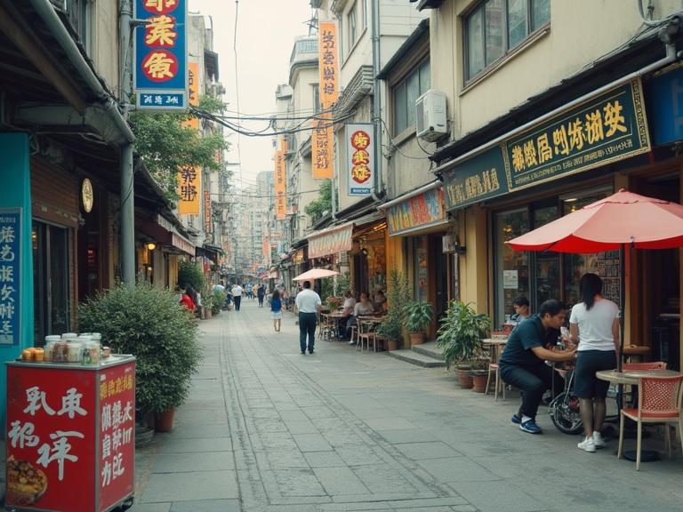 A busy street in Taipei filled with shops and diners. People are enjoying meals outside. Banners and signs are visible. The atmosphere is lively and inviting.