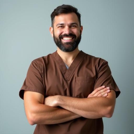 A dentist wearing brown scrubs with a charismatic presence. Dentist has arms folded and looks proud with a bright smile. Background is soft grey.