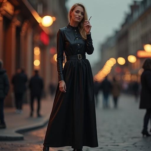 A woman around 55 years old stands on a street at dusk. She wears a long black leather dress and high-heeled shoes. She is smoking. The atmosphere is urban and chic.