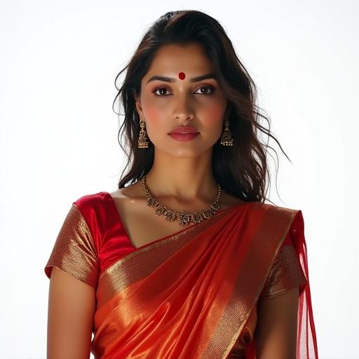 An Indian woman in a serious pose featuring a red sari with gold accents and ethnic jewelry. Background is white.