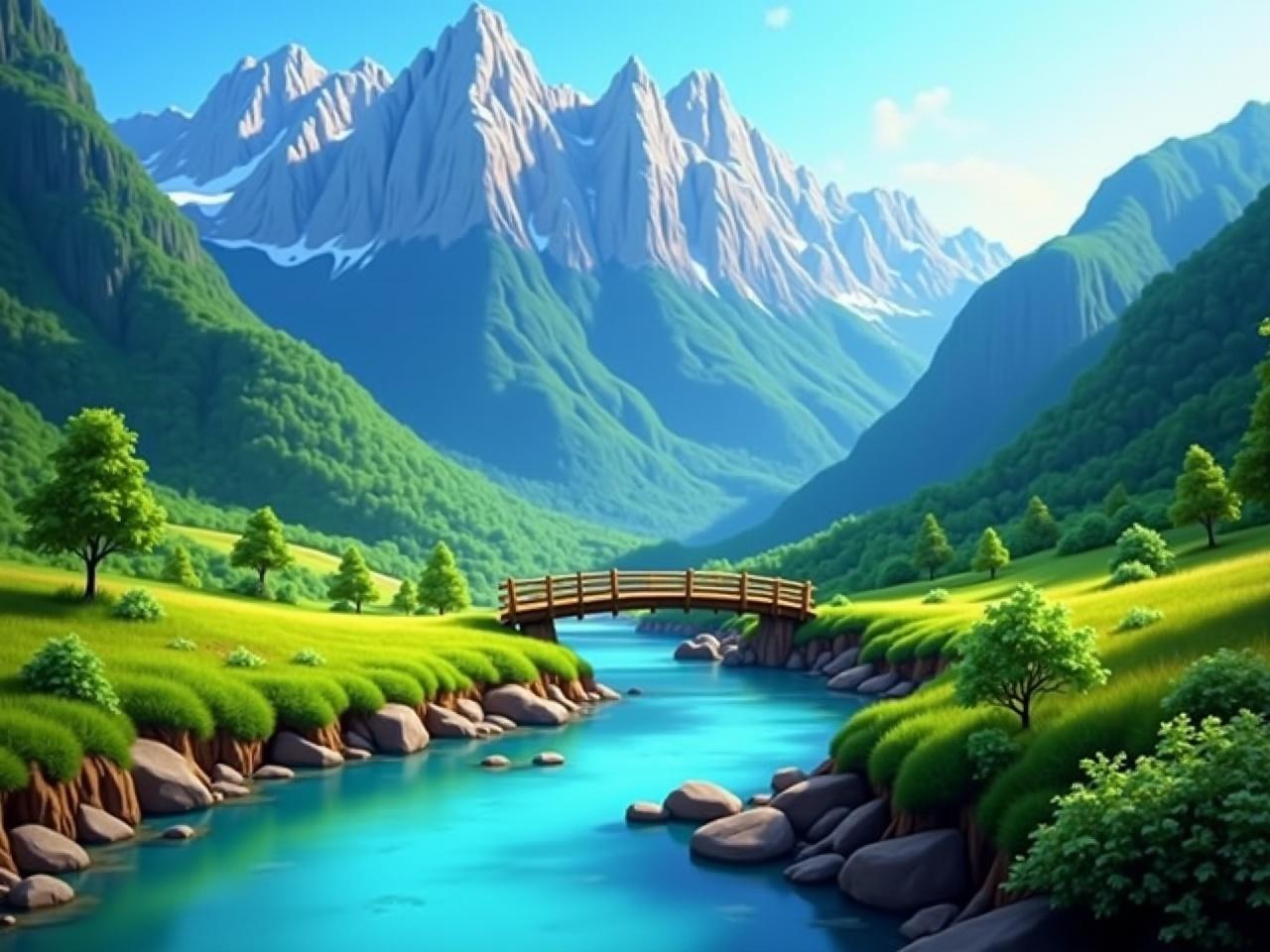 The image features a picturesque landscape with massive, beautifully detailed mountains towering in the background. A serene river winds through the scene, its clear blue water reflecting the surrounding greenery. In the midground, there's a quaint wooden bridge that spans the river, inviting a sense of adventure. The lush hills are carpeted with vibrant greenery, dotted with small trees and bushes. Above, the sky transitions from deep blue to softer shades, creating a stunning backdrop for this tranquil setting.