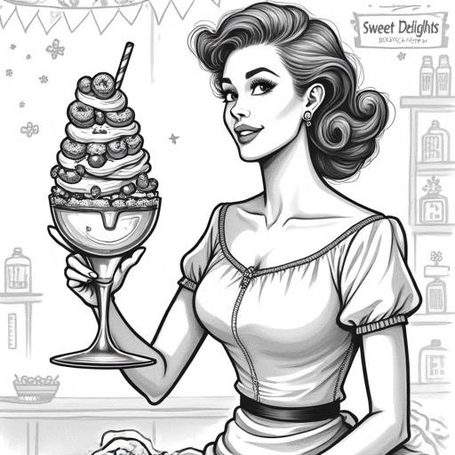 Bold black-and-white coloring page with retro charm. Woman with voluminous curls and earrings in confident profile. Precise proportions and anatomical details. Towering ice cream sundae with donuts and cherries. Bustling dessert shop background. Celebratory atmosphere with bunting and playful accents.