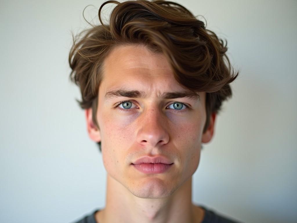 The image shows a young adult male with short brown hair and a serious expression. He has light blue eyes and a fair skin tone. The background is plain, giving all focus to the individual’s face. The image appears to be a straightforward portrait, possibly taken with a soft light source. There are no additional objects or distractions in the frame.