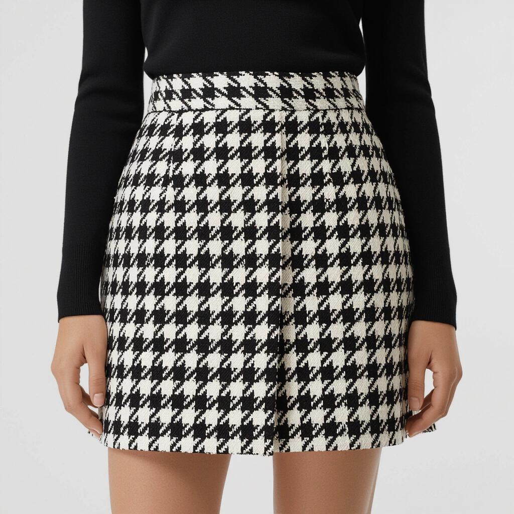 Short skirt designed with a houndstooth pattern. The skirt features a high waist and a tailored fit. The model's upper body is not visible.
