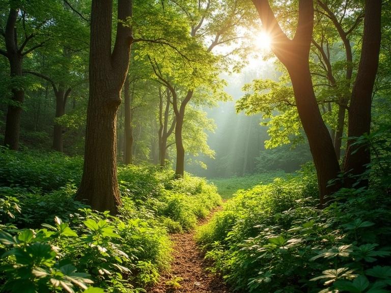 Photo of a lush forest with sunlight filtering through leaves. Trees include eucalyptus, birch, or oak. Pathway visible in the image.