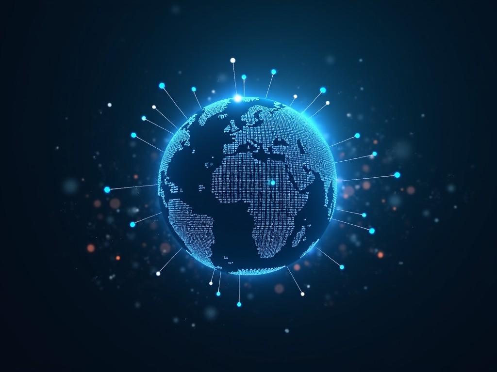 The image features a glowing representation of Earth, rendered in digital style. The planet is surrounded by dynamic blue and white dots, representing connectivity and data points. The background is a deep black, enhancing the glow and focus on the globe. This digital art emphasizes modern technology and global networks. It is suitable for tech-oriented presentations and global discussions.