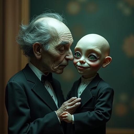Elderly ventriloquist with a doll that looks eerily human. Doll wears a suit. Hyper realistic digital illustration in Don Lawrence’s style. Insane detail including skin wrinkles. Bokeh background. Dark fantasy theme.
