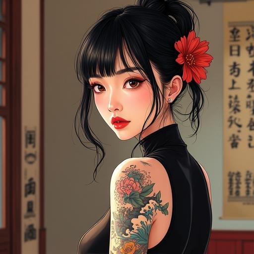 Highly stylized digital portrait featuring a young East Asian woman showing tattoo culture mixed with traditional elements. Porcelain complexion and bold lips. Expressive eyes and jet-black hair styled with flowers. Wears a black high-collar top. Graceful pose emphasizing right arm with irezumi tattoos. Background shows textured walls with Chinese calligraphy scrolls. Soft warm lighting enhances details. Ultra-detailed anime art style with refined textures.