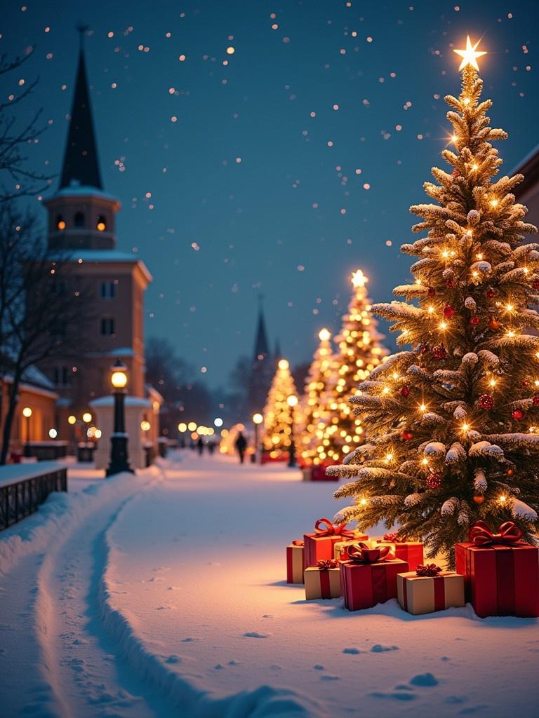 Create a Christmas and New Year themed image showcasing a snowy street lined with beautiful Christmas trees. Each tree is adorned with warm lights and colourful ornaments. Gifts are placed at the base of the trees. A church tower is visible in the background. Light snow is falling, enhancing the festive atmosphere. Use a warm colour palette to evoke holiday cheer.