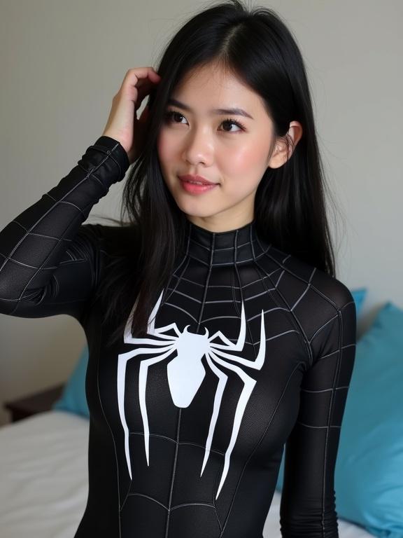 Photograph of a young woman in a black Spider-Man costume featuring a white spider emblem. Costume includes a web pattern across the chest and arms. She has dark brown eyes and straight black hair. Her mouth is slightly open with a smile, hand in hair. Background shows a light bed with a blue pillow. Costume is smooth and shiny. Lighting is even, focus sharp on the face and upper body.