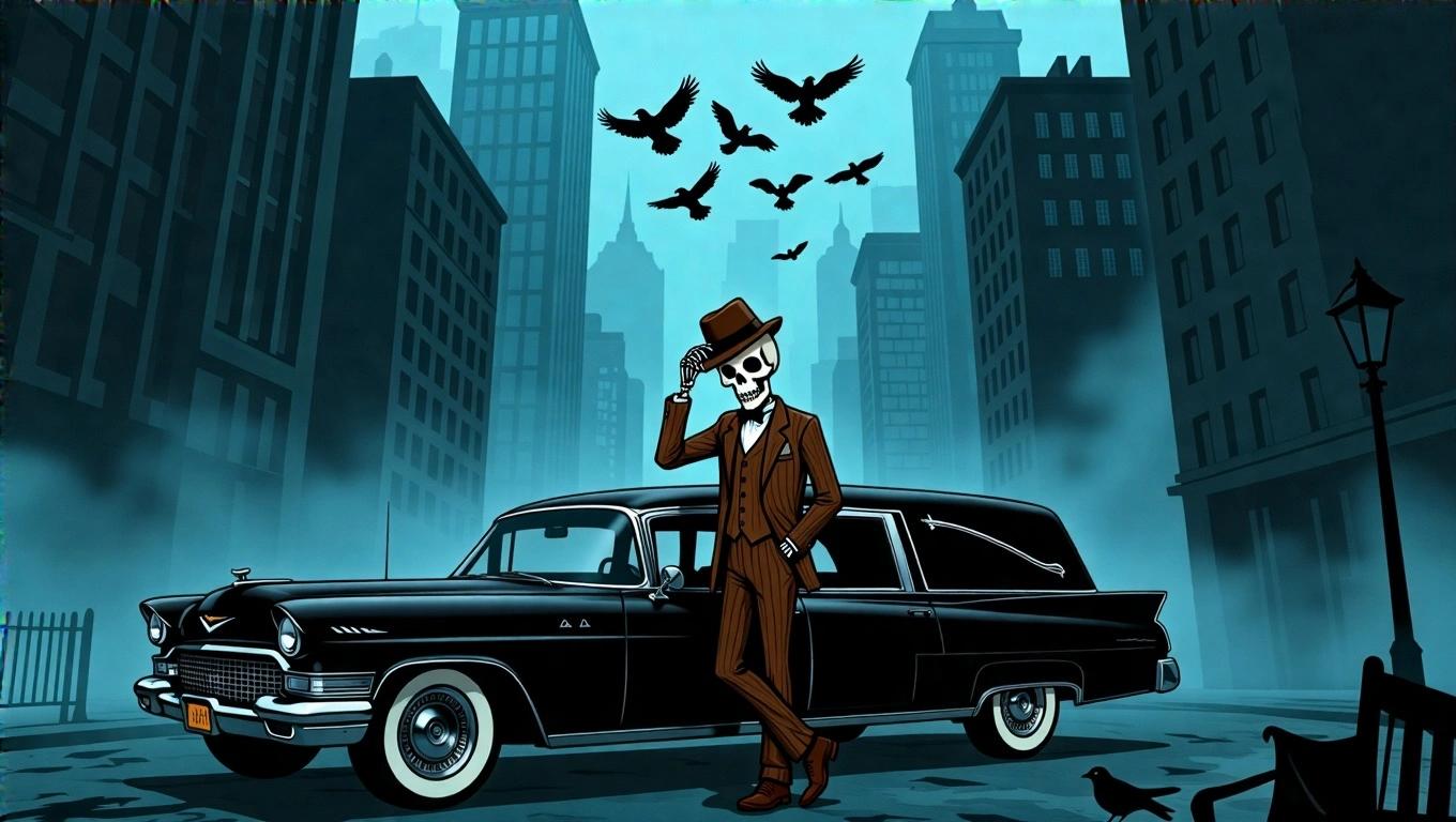 Stylized urban horror scene in gloomy city. Skeleton figure in vintage suit leans on black hearse. Skeletal character lifts hat in charm. Above, crows fly in foggy blue sky. Surreal mix of elegance and dread in classic noir style. Moody lighting with long shadows. Evokes mystery and dark charisma.