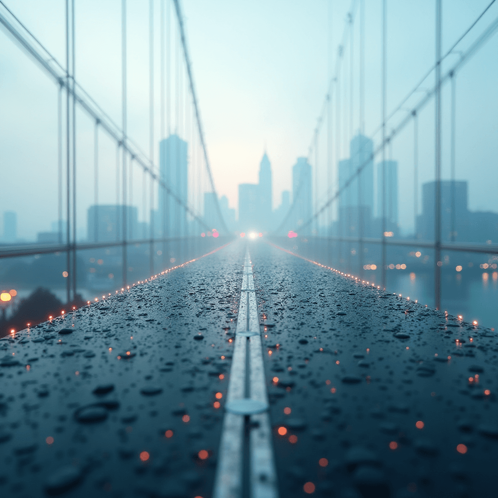 A dramatic low-angle shot of a wet suspension bridge with a blurred city skyline in the background, captured during a rainstorm.