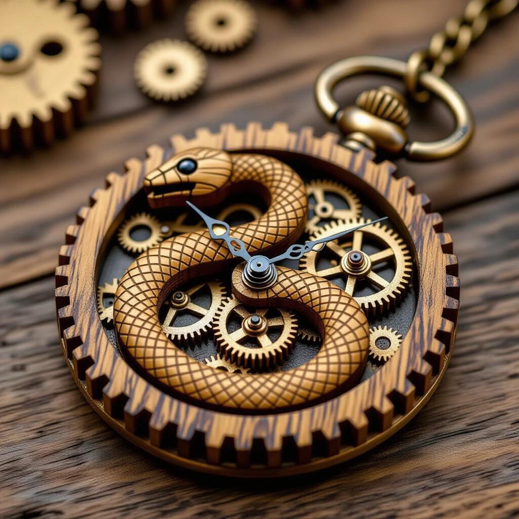 Aged wooden gears and cogs form a snake themed pocket watch made of wood. Artwork presented in 8k resolution.