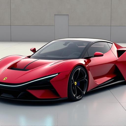 Electric Ferrari concept art showing a sleek design and futuristic features. Red and black color scheme with a modern ethos. Energetic and powerful representation of a luxury sports car.