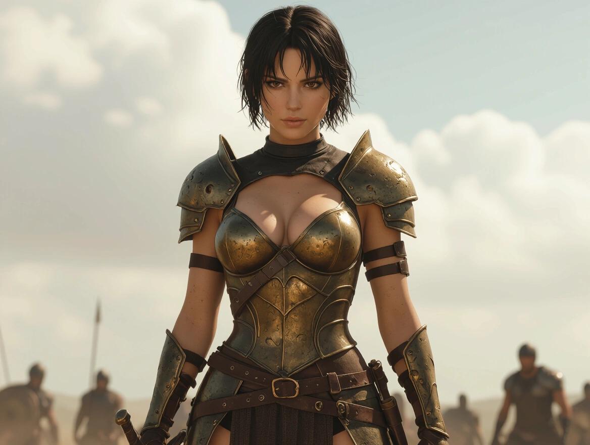 Hyper-realistic portrait of a warrior female character. Tanned skin. Casca inspired. Worn bronze and leather armor. Slightly revealing design. Short black hair. Standing in a dramatic battlefield. Holding a sword. High detail. Ultra-realistic style.