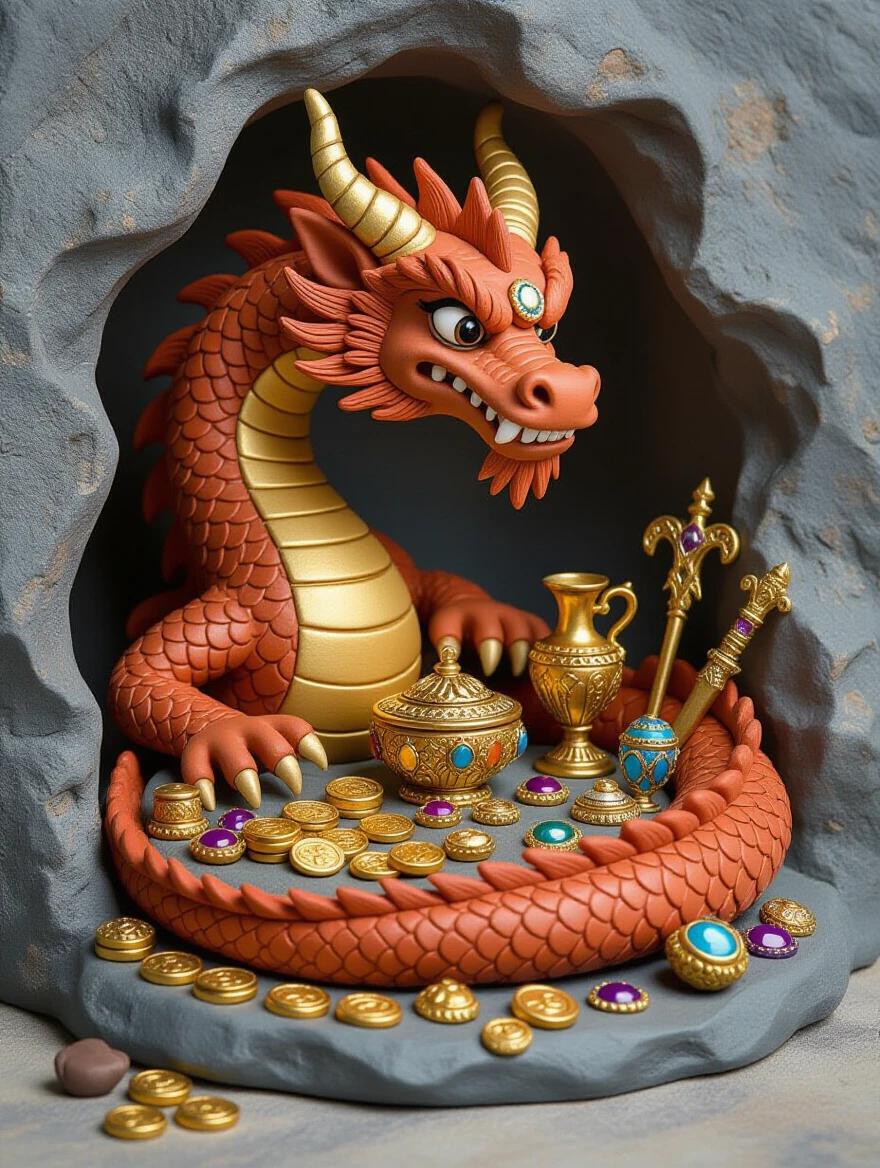 A clay sculpture of a coiled dragon protects a treasure collection. The dragon is hand-sculpted from polymer clay with metallic accents. The sculpture has detailed scale textures and expressive facial features. Treasure pieces include golden coins and jeweled chalices made from clay. The base resembles a rocky cave with a gray texture. The art captures handmade imperfections and tool marks that add charm. Dramatic lighting enhances the dimensional aspects of the sculpture.