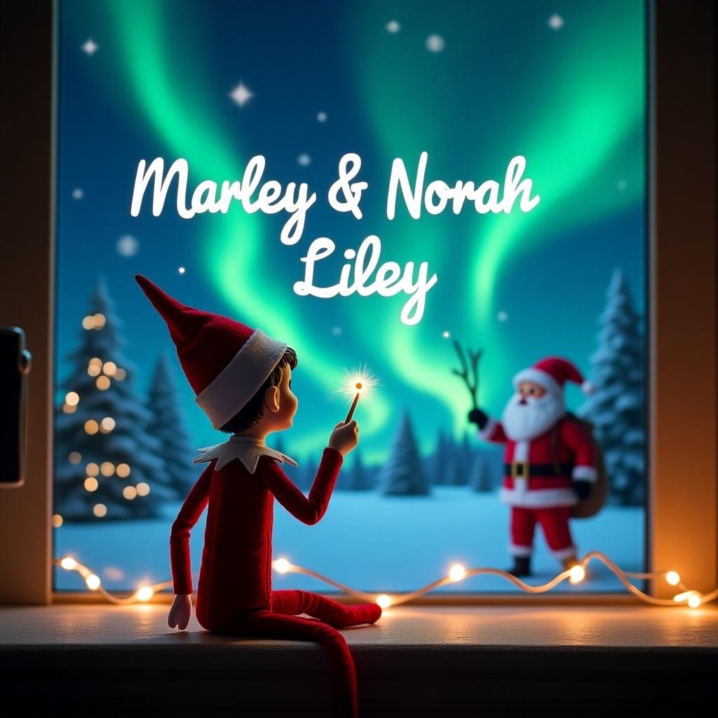 The image depicts an elf sitting by a window with his back to the viewer. He faces a stunning night sky decorated with northern lights. The elf is using a magic wand to elegantly write the names 'Marley & Norah Lilley' in the sky. In the background, Santa Claus can be seen, adding to the festive atmosphere. The scene is beautifully lit, enhancing the magical Christmas vibe.