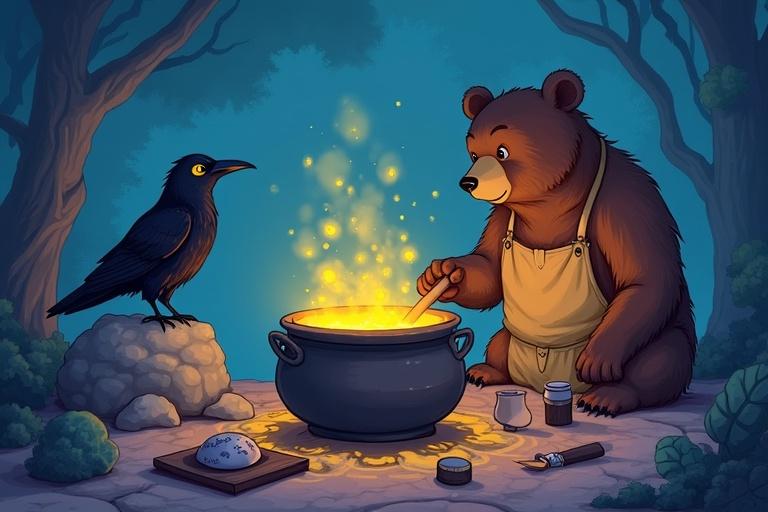 An illustration of a bear stirring a glowing cauldron while a raven observes. The scene is whimsical with cool-toned colors like blue and purple. The style is cartoonish with visible brushstrokes, suggesting a digital painting technique. The atmosphere feels magical and mysterious.