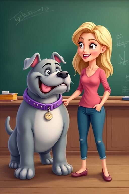 A cheerful cartoon airbrushed gray bulldog with a purple collar stands proudly in a classroom. The dog has four legs and looks happy. The background displays a chalkboard filled with writing. A pretty blonde female teacher is next to the dog, contributing to the educational atmosphere.