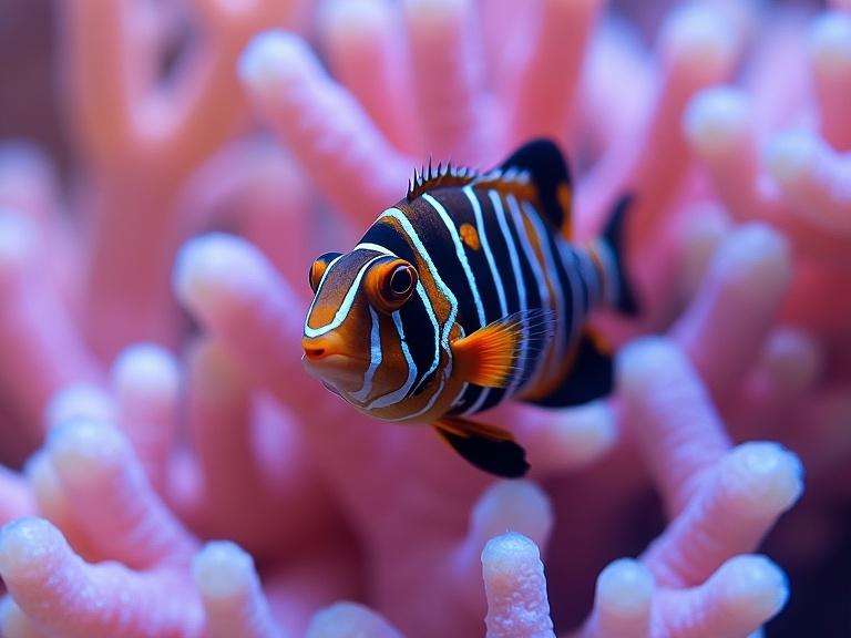 Close-up photo of a fish in a colorful coral reef. The fish has black and red stripes. Background features white and pink coral in soft focus. The fish has large, expressive eyes and detailed scales. Aquatic scene captures vibrant hues and fine details.