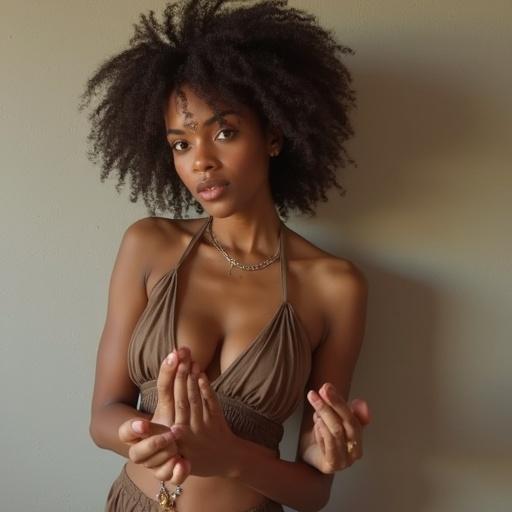 Image of a confident woman with large bust wearing fitted clothing. Natural hair style. Casual pose in soft lighting.