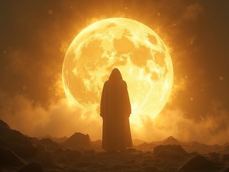 Enoch standing in a glowing bubble of light. Chaotic world outside bubble. Symbolic style with golden and dark contrast.