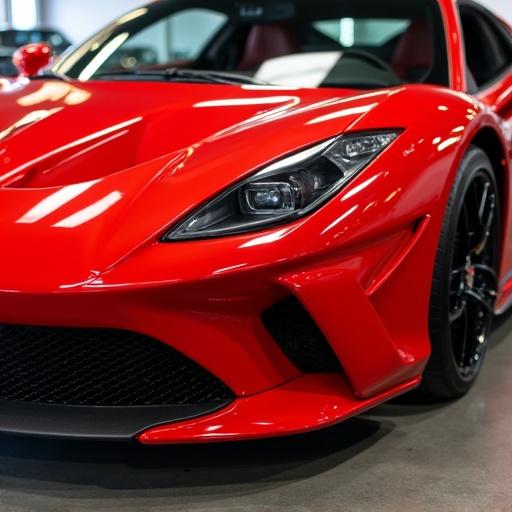 Vibrant red sports car with glossy finish and aerodynamic design. Focus on front half, sharp headlights, sleek contours. Indoors in showroom with polished concrete floors reflecting vivid color.