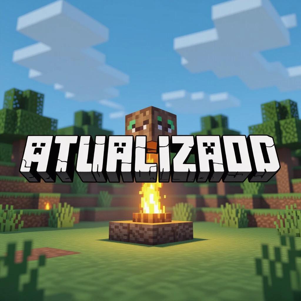 White text 'atualizado' in original Minecraft font. 3D ultra realistic style with realistic shading detailed depth and professional lighting.